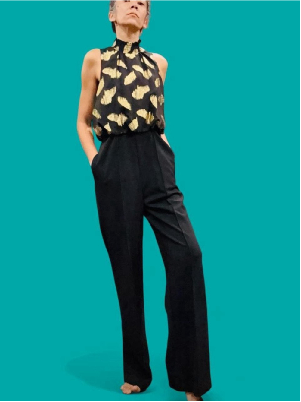 Donna Morgan Black Gold Metallic Feather Mock Neck Wide Leg Jumpsuit Size 6